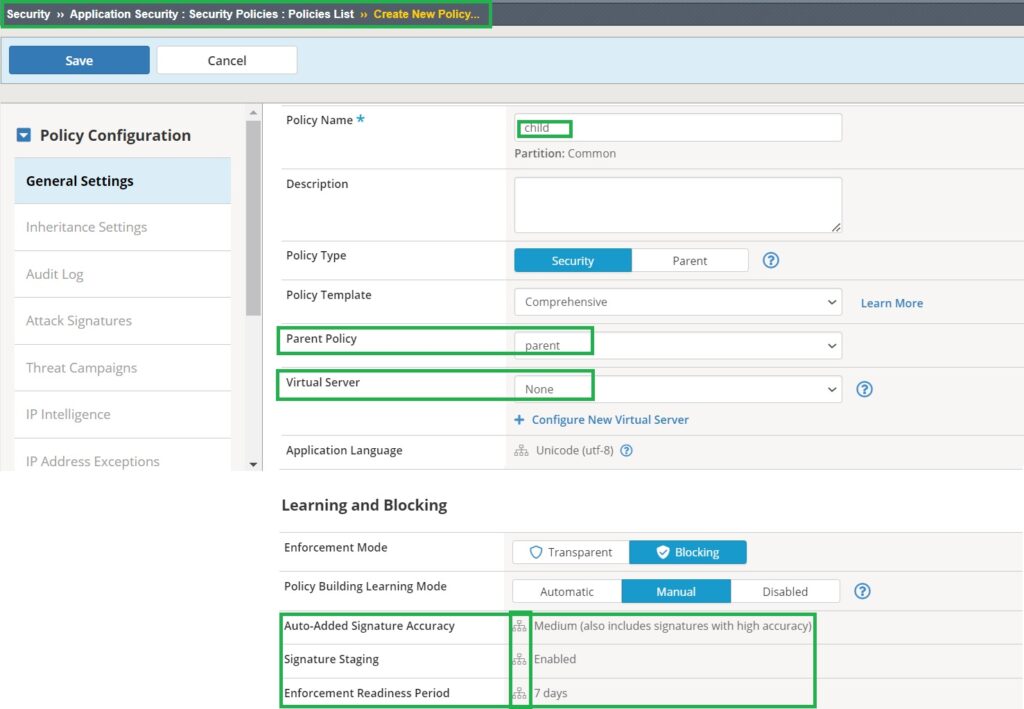 create a security policy that inherits from the parent policy