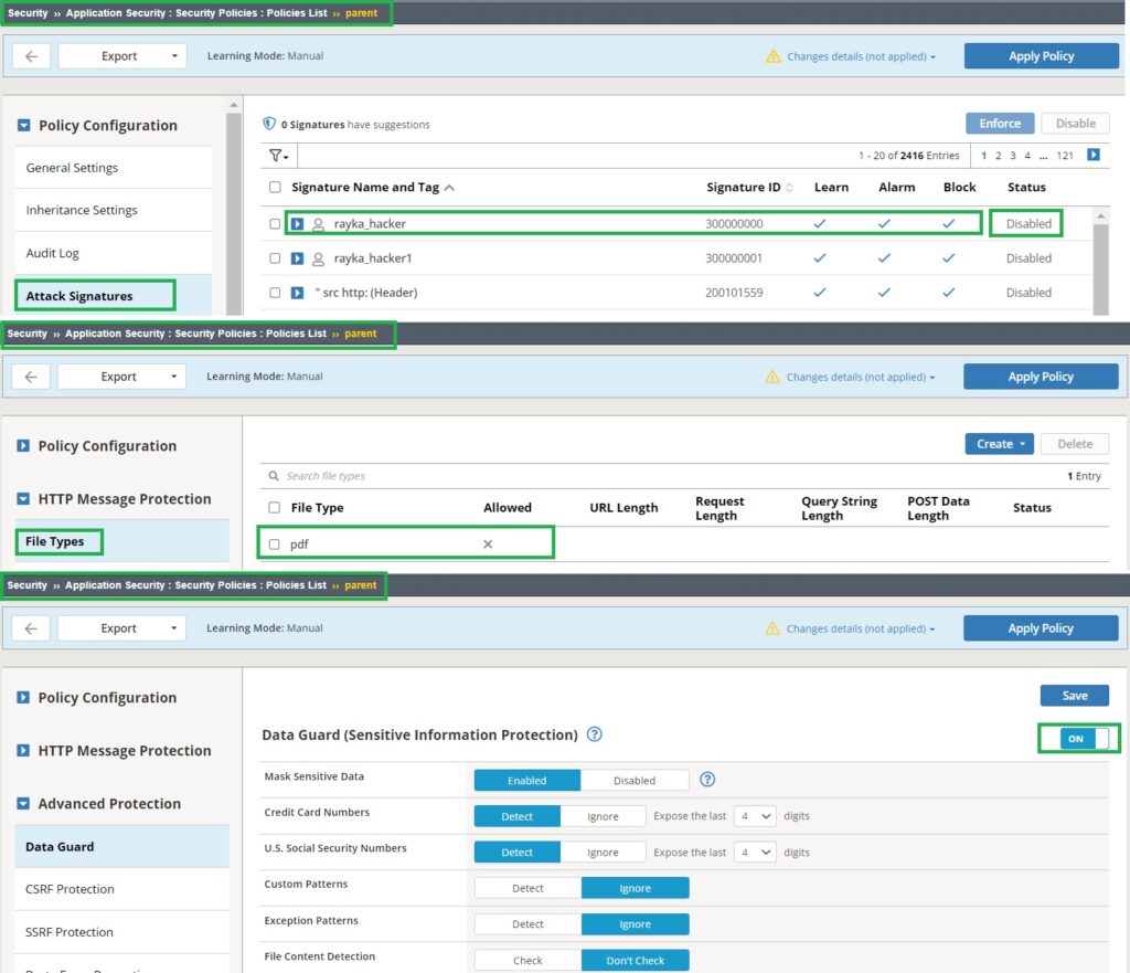 create some policies in parent security policy