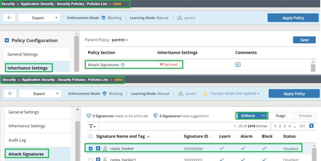 impact of declining optional inherited policy in the child security policy in F5 AWAF