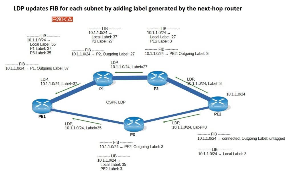 LDP updates FIB for each subnet by adding label generated by the next-hop router