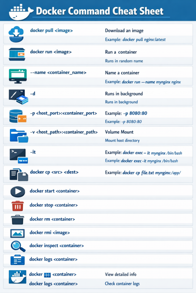 Docker Essential Commands generated by Copilot based on my given table